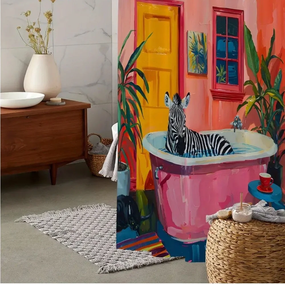 Vintage Bathtub Zebra Novelty Shower Curtain w Bonus Hooks